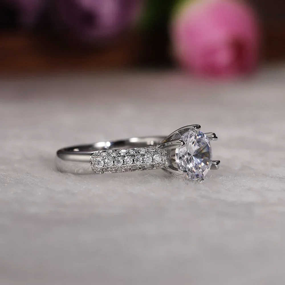 😍Engagement Flower Anillos Pure Round CZ Dainty Silver Plated Ring, L141